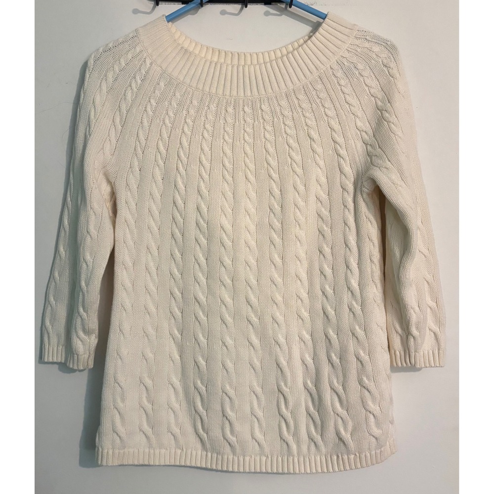 Talbots Womens Cream 3/4 Sleeve Cable Knit Boat Neck Sweater Sz S Petite Cottage